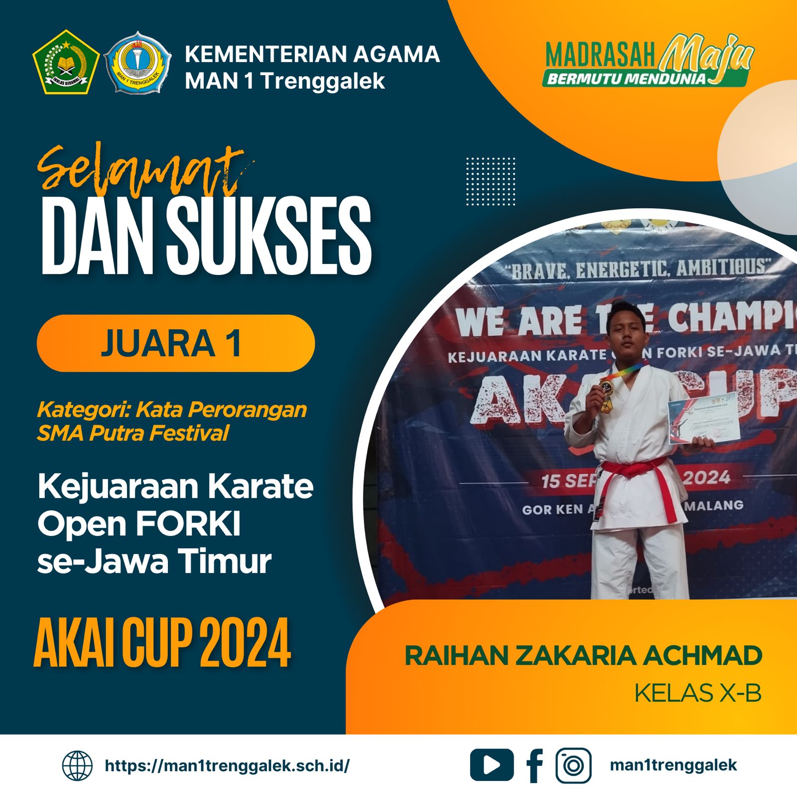 Raihan Zakaria Achmad Sabet Juara 1 di Karate Open Forki se-Jawa Timur Akai Cup 2024