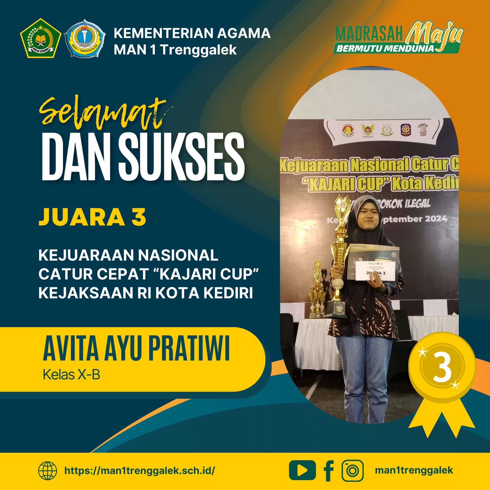 Avita Ayu Pratiwi Siswa MAN 1 Trenggalek Raih Juara 3 dalam Kejuaraan Nasional Catur Cepat